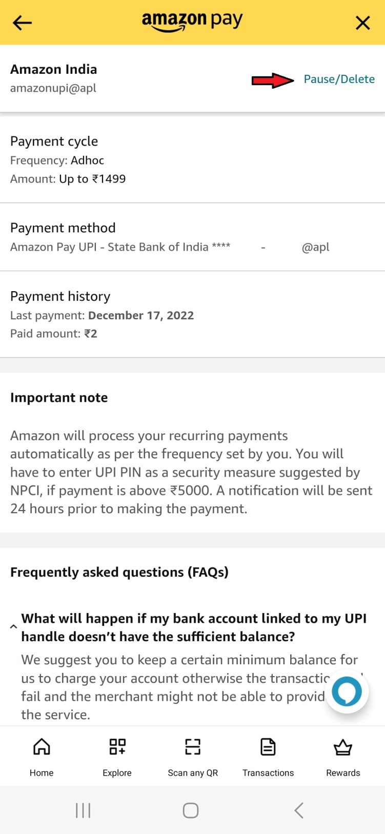 How to delete / pause Amazon Pay UPI mandate subscriptions